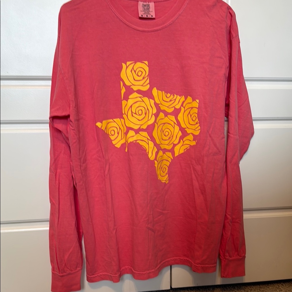 Pink Long Sleeve Shirt with Yellow Texas Rose Design